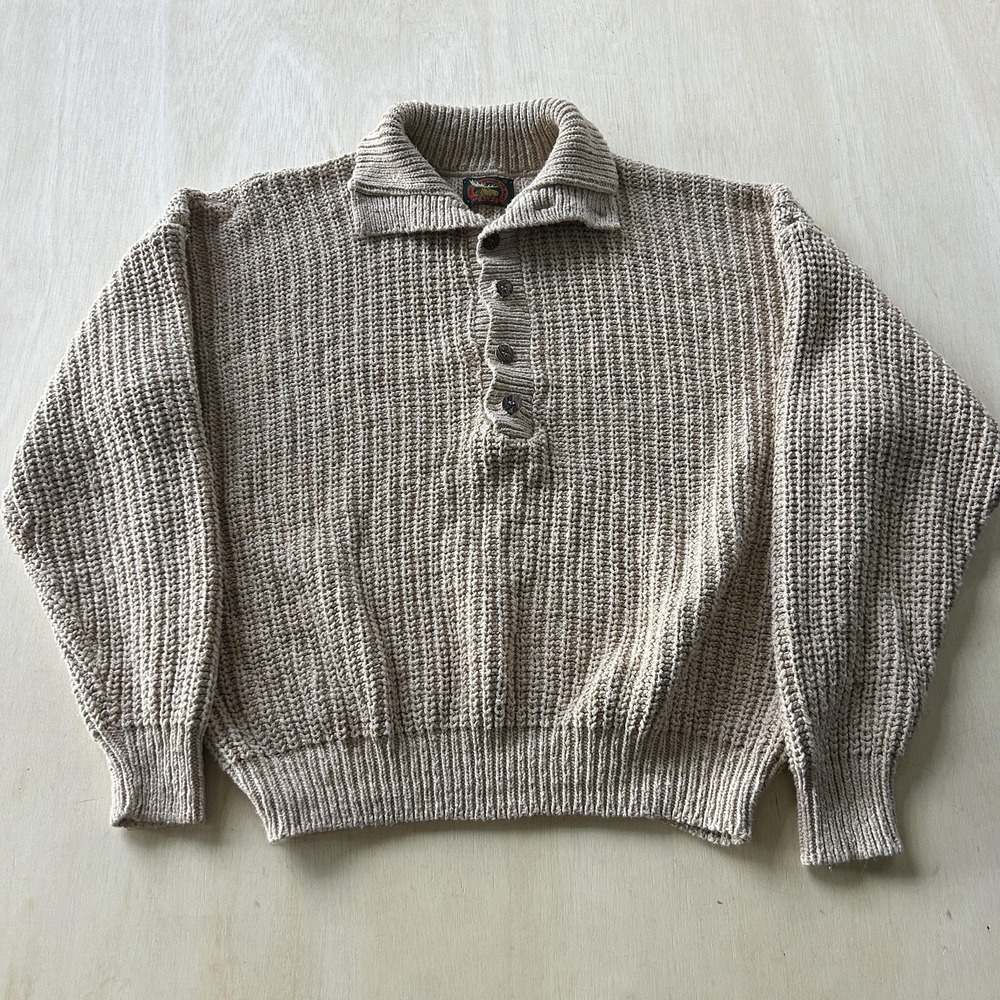 Vintage ALPS Sweater Mens XL Beige Waffle Knit Collared Button Pullover USA